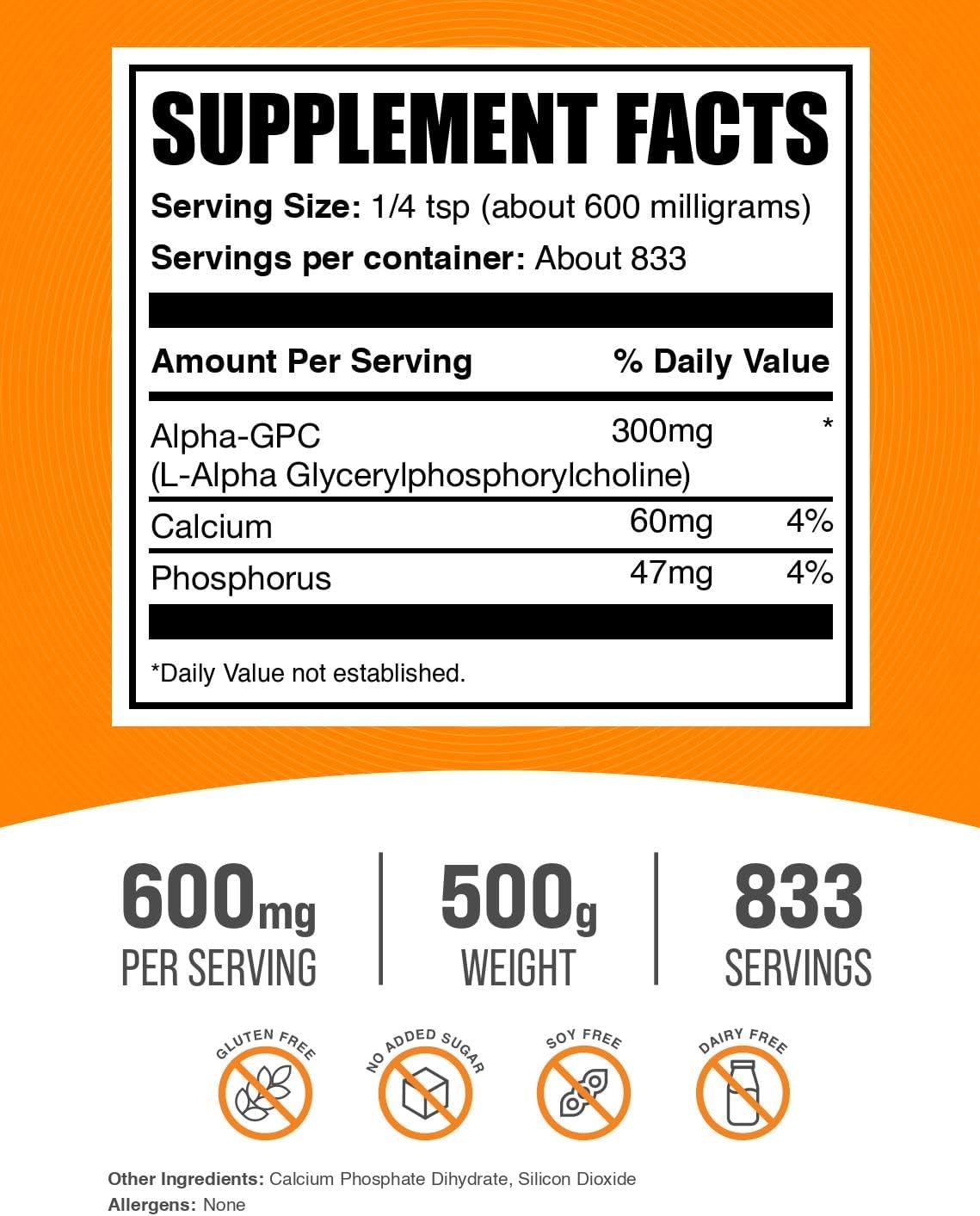 BulkSupplements Alpha GPC 300mg unflavored choline supplement packaging details