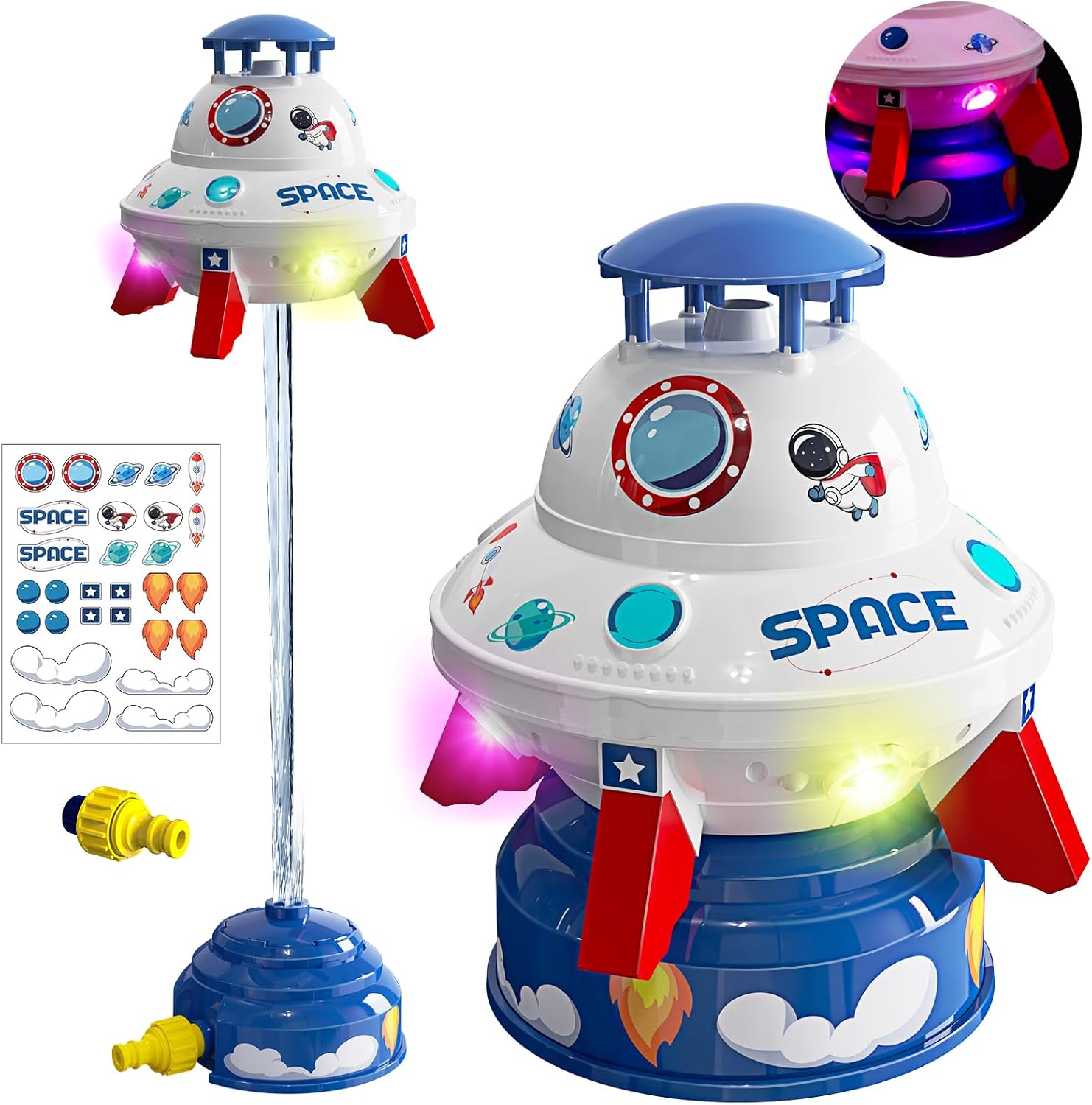 Skirfy UFO water rocket sprinkler toy front view during backyard summer play