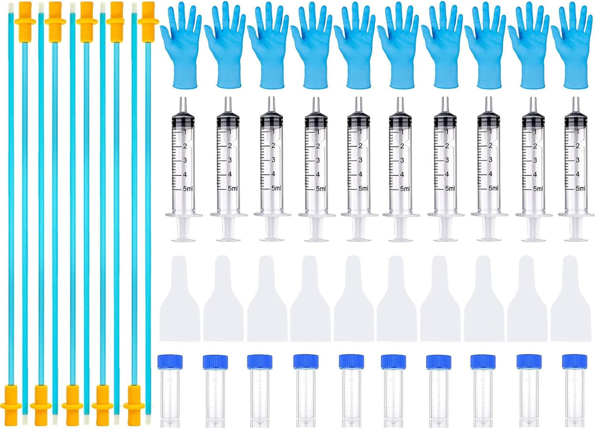 Full layout of the 15-piece disposable canine breeding supplies including gloves.