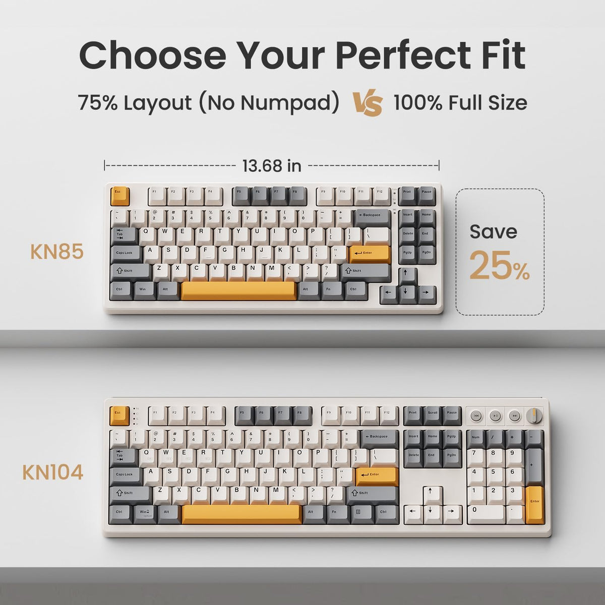 Kisnt KN85 gaming keyboard closeup of retro beige double shot keycaps