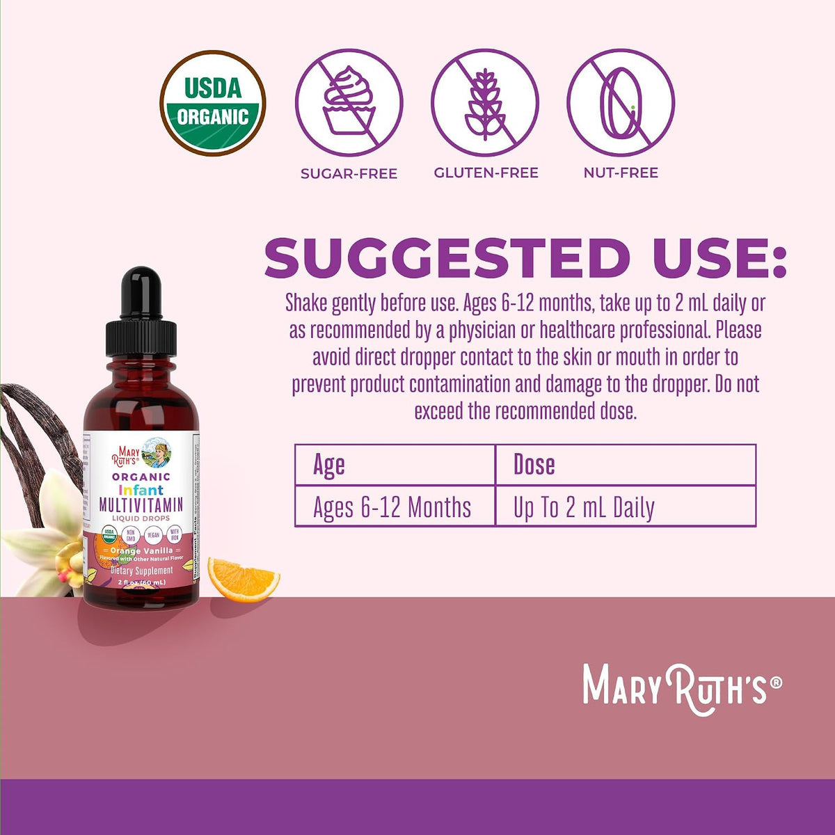 MaryRuth's liquid multivitamin for babies showing key nutrient callouts