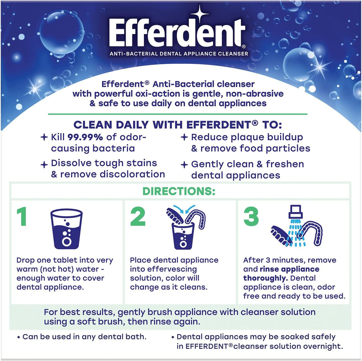 Efferdent cleaning solution bubble action close up view