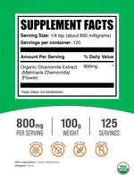 BulkSupplements Chamomile Extract Powder back label displaying nutrition facts ingredient list and serving size instructions.