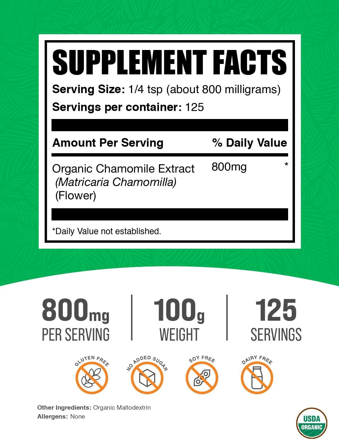 BulkSupplements Chamomile Extract Powder back label displaying nutrition facts ingredient list and serving size instructions.