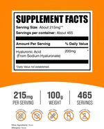 BulkSupplements pure sodium hyaluronate powder dietary supplement nutritional facts label