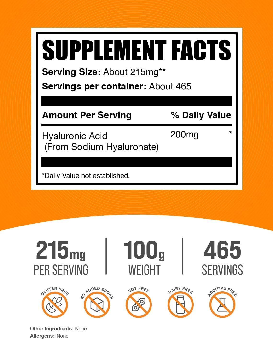 BulkSupplements pure sodium hyaluronate powder dietary supplement nutritional facts label