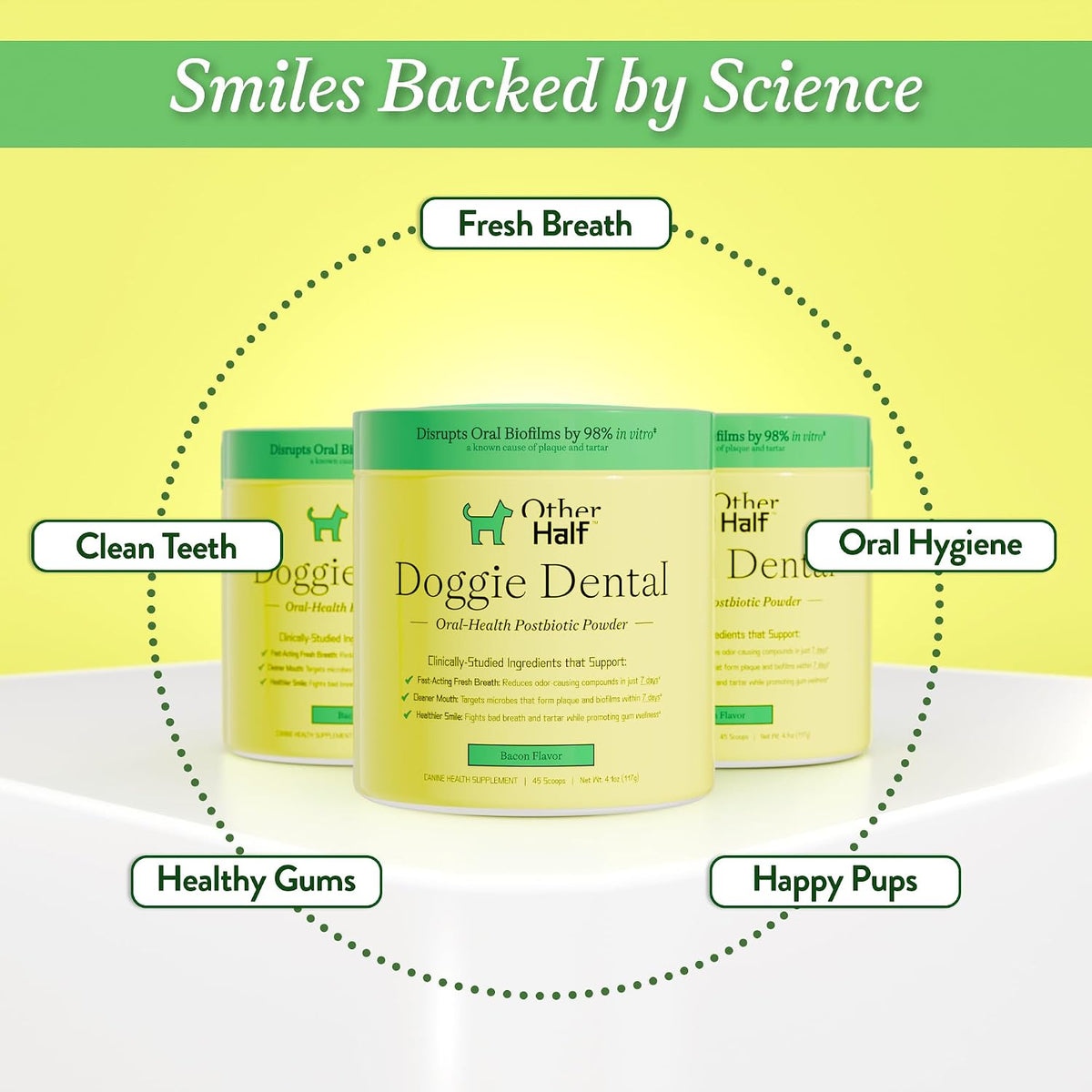 Back label of OTHER HALF dental supplement powder detailing oral health ingredients and postbiotic blend