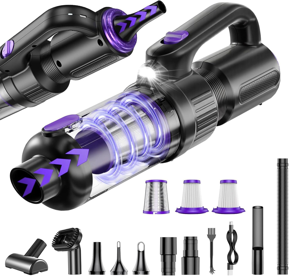 SWMRDN Car Vacuum Portable Cordless front view demonstrating sleek handheld design and purple dustbin.