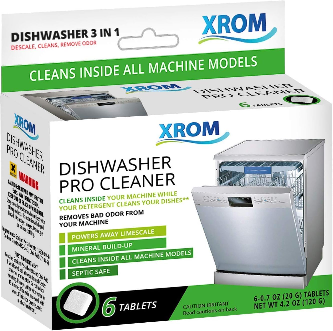 XROM Dishwasher Cleaner Tablets front view showing the six treatments packaging.
