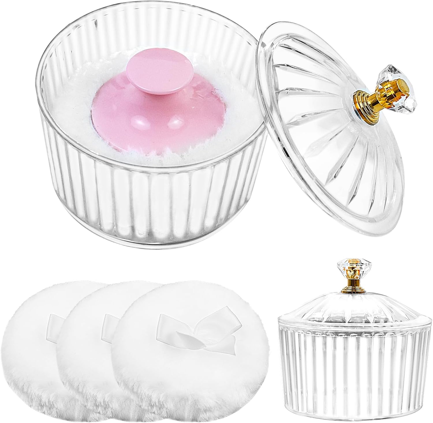 Waybas dusting powder container front view with clear acrylic case on a vanity counter