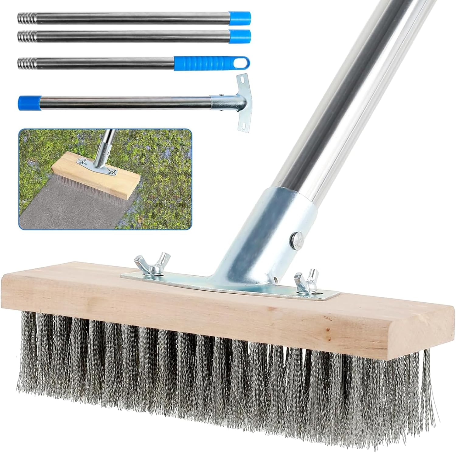 Plowatxi stainless steel deck scrub brush front view for heavy duty concrete cleaning.