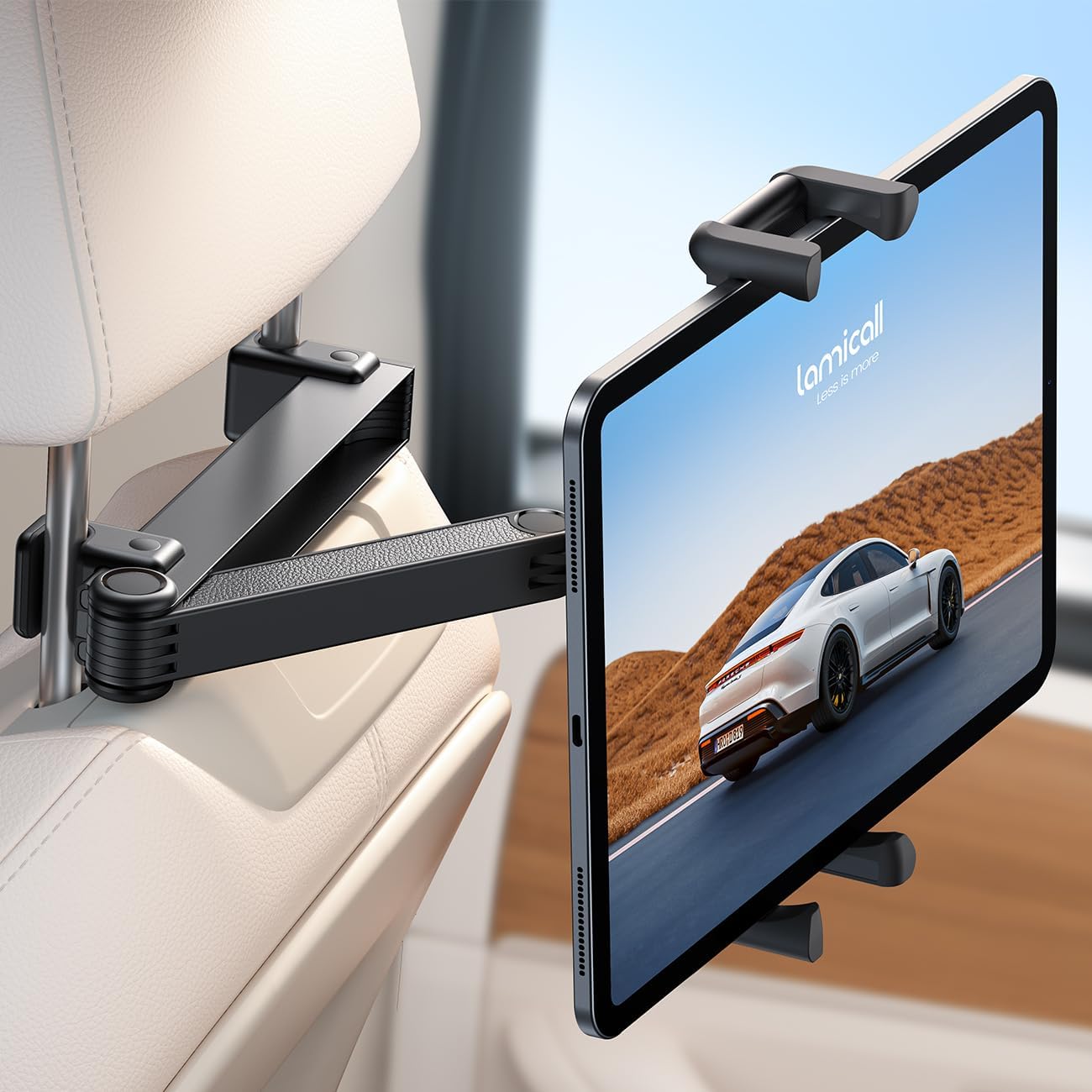Lamicall car headrest tablet holder front view showing lockable metal buckle and extension arm