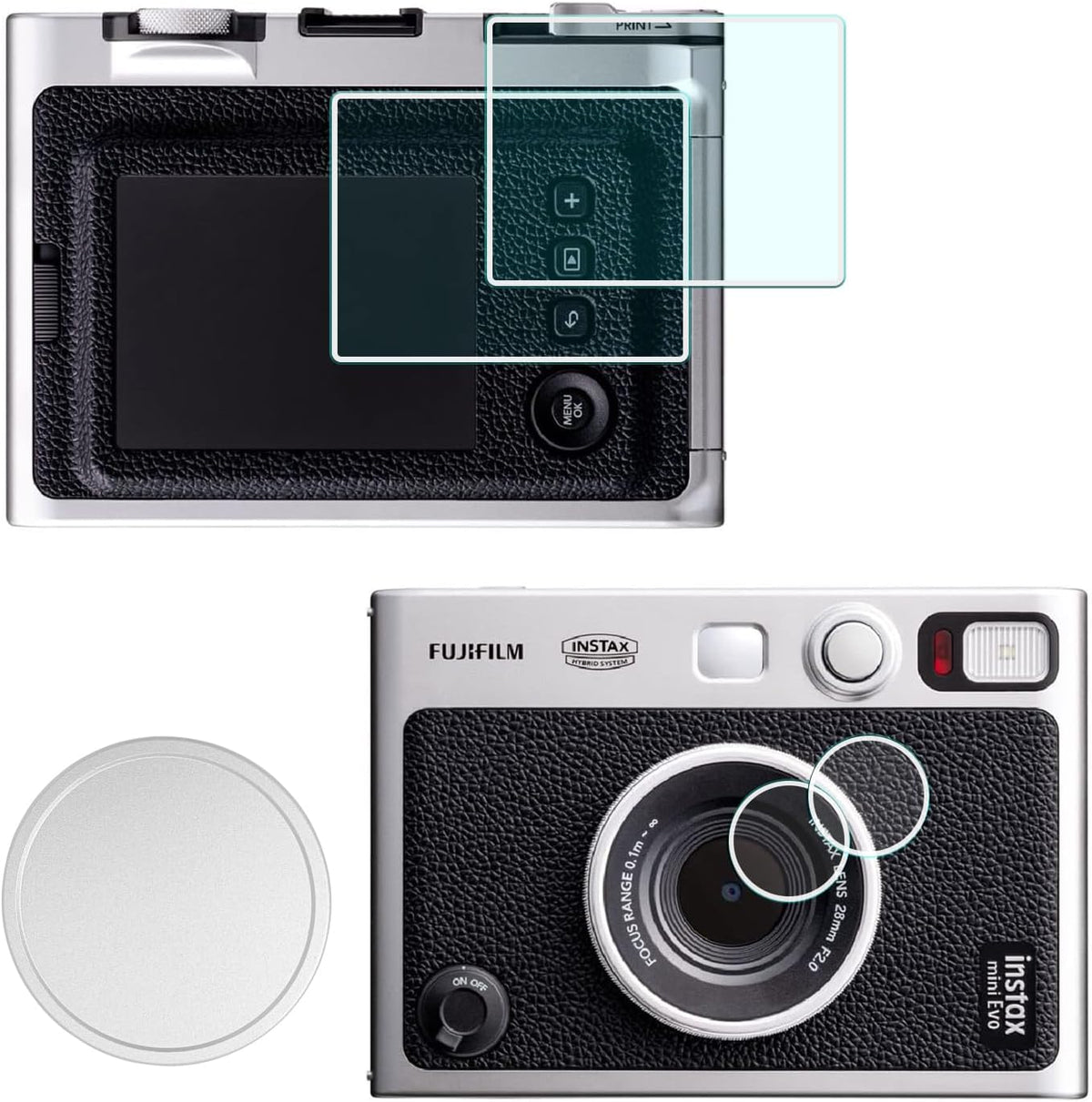 Huipuxiang lens cap and screen protector kit front view showcasing camera accessories