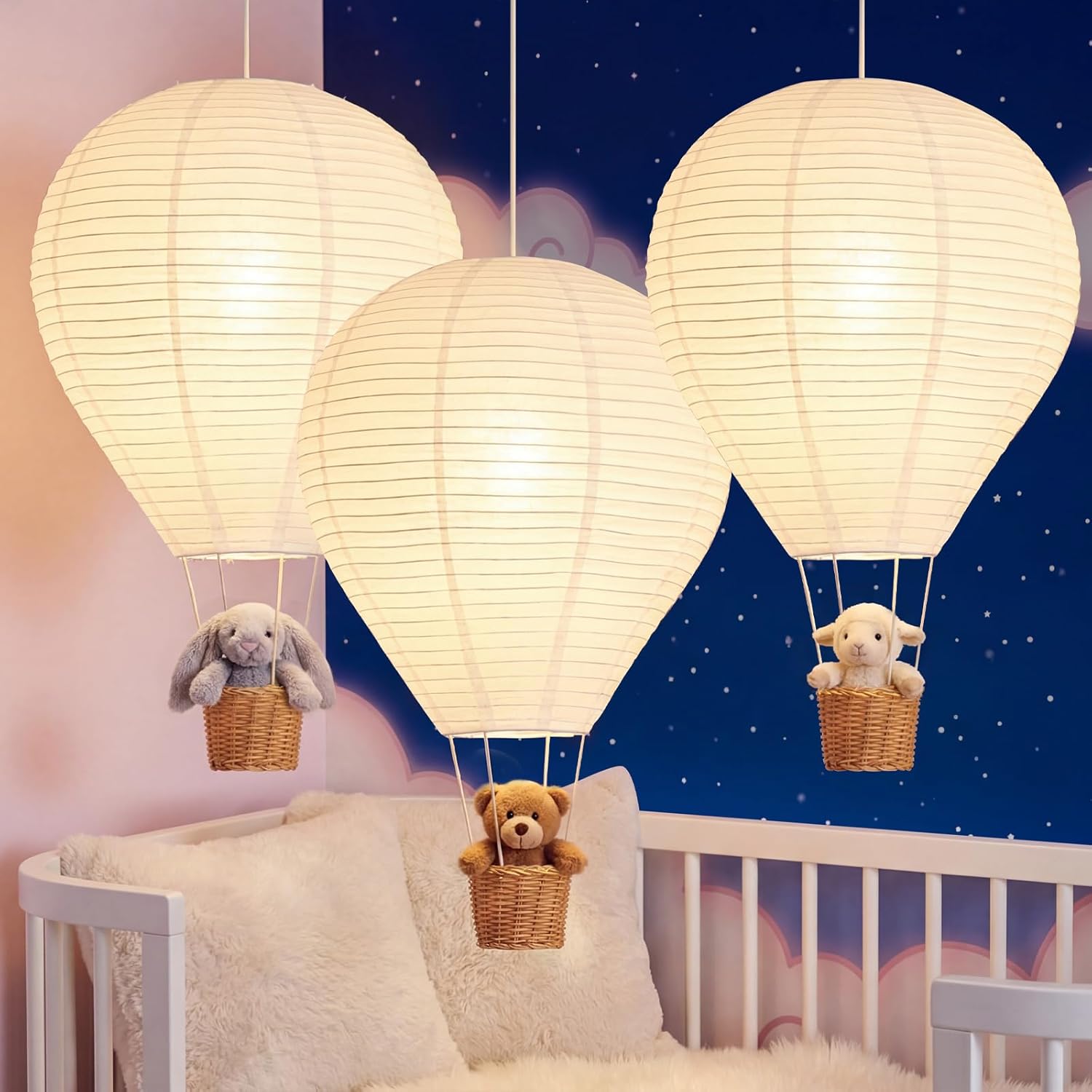 Baquler 3 Pieces Hot Air Balloon Lampshade front view hanging in a white themed nursery room.