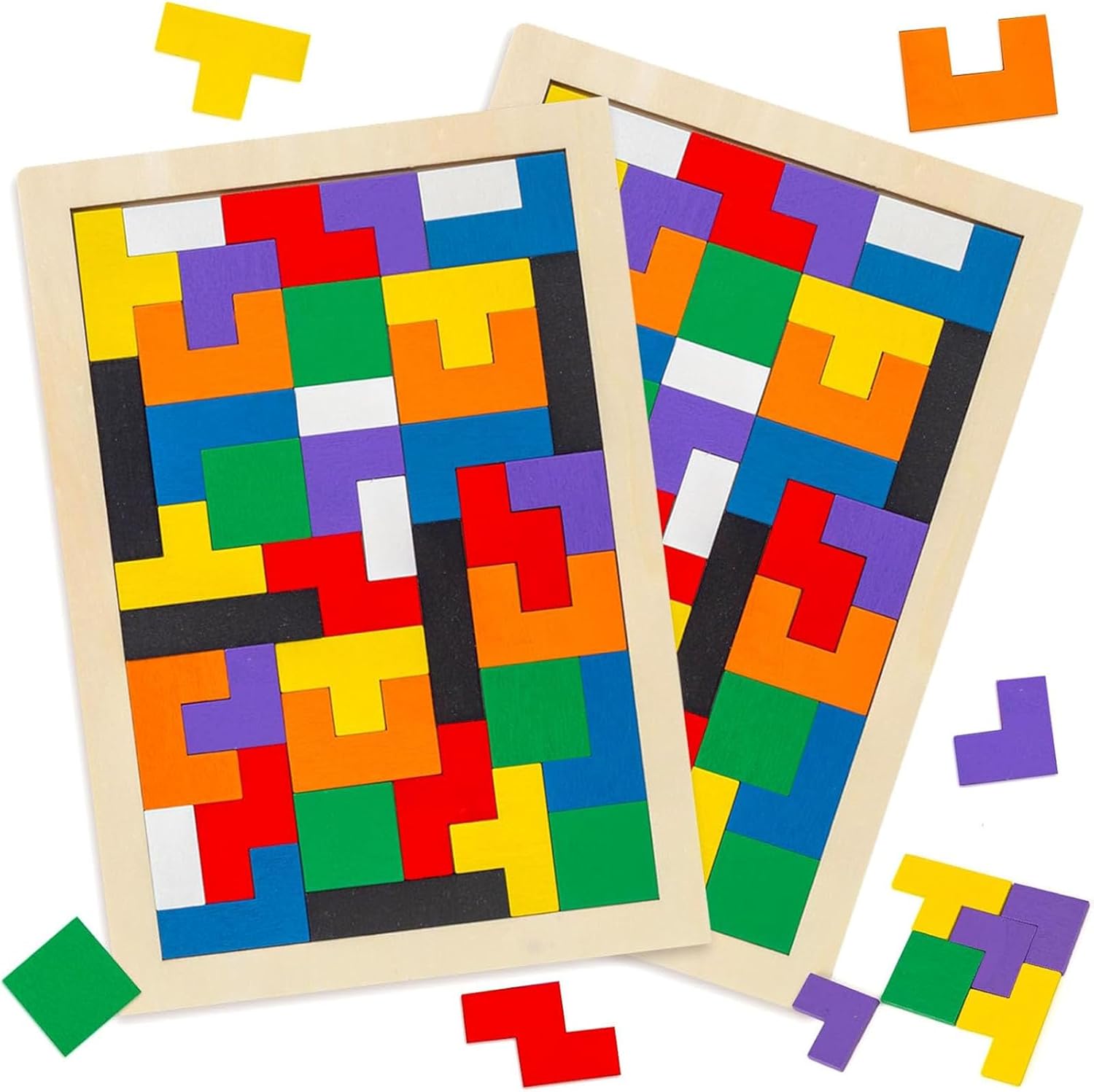 Manos 3 Otters Wooden Blocks Puzzle front view showing colorful geometric pieces inside the wooden frame.