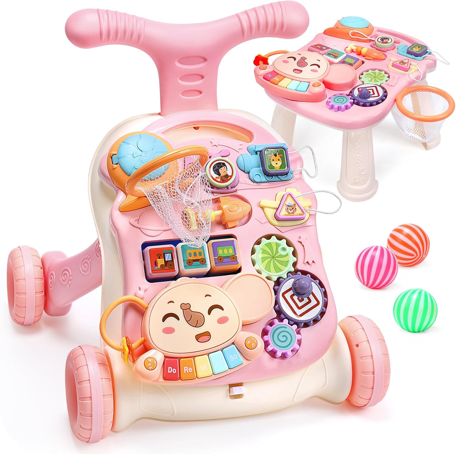 CUTE STONE 2-in-1 baby walker front view showing the pink activity panel.