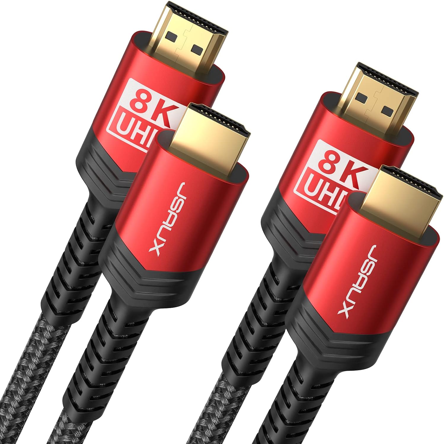 JSAUX 8K HDMI 2.1 Cable Pack of Two showing front view of the red braided cord connectors.
