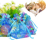 Blue organza candy pouches showcasing satin ribbon drawstring closure