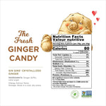 Crystallized ginger pieces coated in cane sugar on a white background.