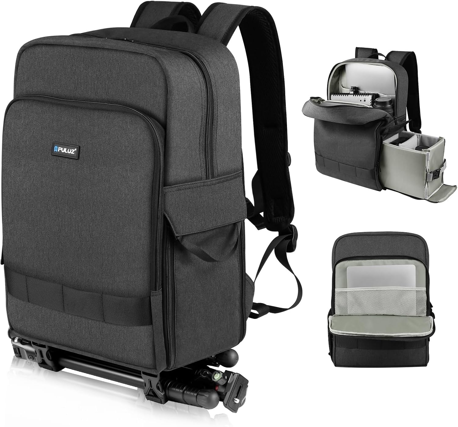 PULUZ camera backpack front view showing professional design and tripod holder