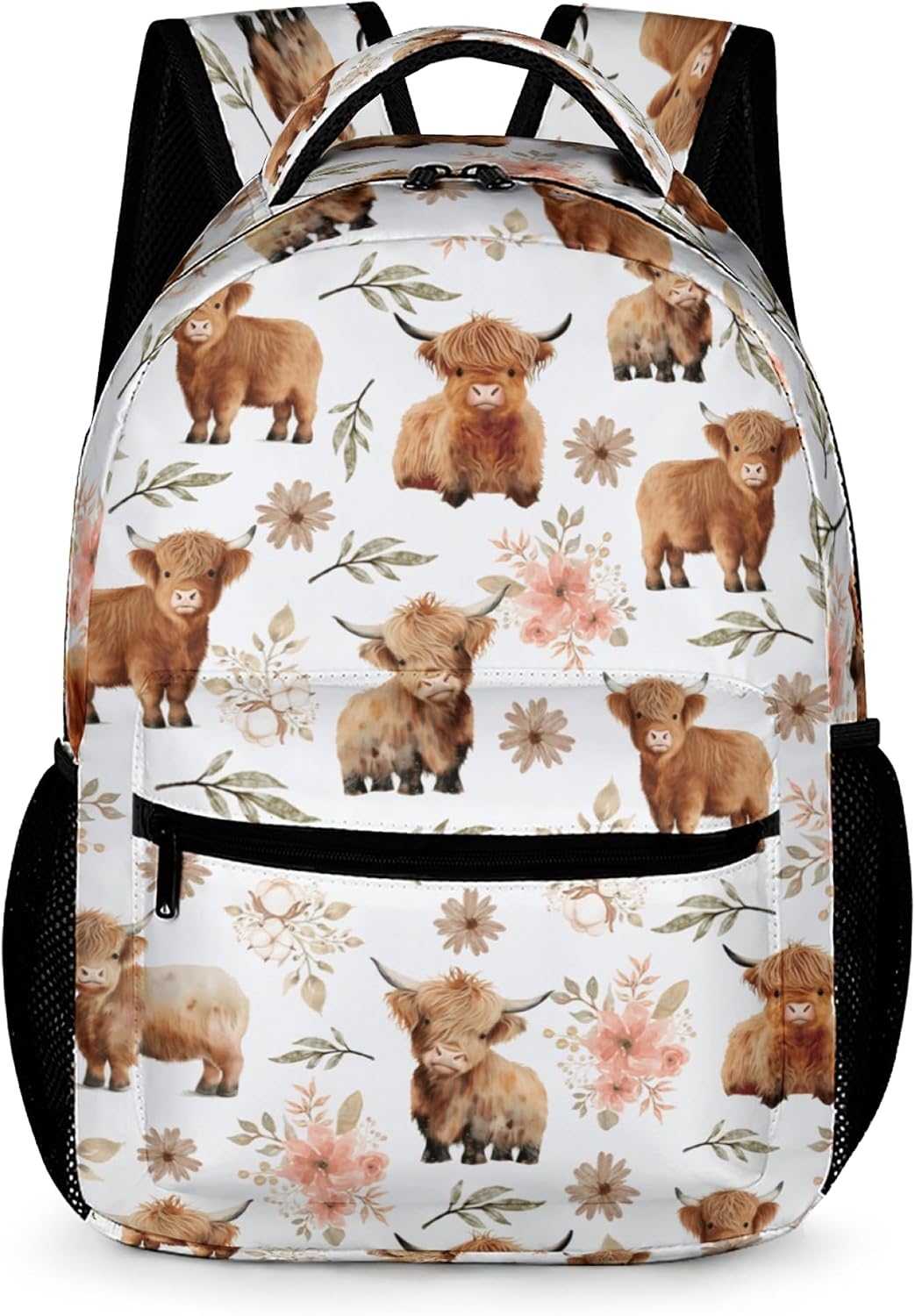 Catilo Highland Cow backpack front view showing cute cattle pattern.