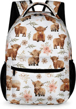 Catilo Highland Cow backpack front view showing cute cattle pattern.