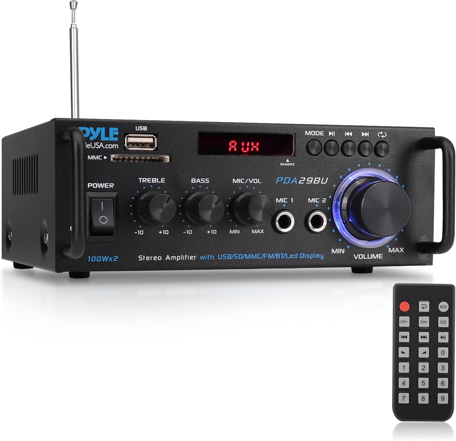 Pyle 200W Wireless Bluetooth Stereo Power Amplifier front view showcasing the LED display panel and volume rotary knobs.