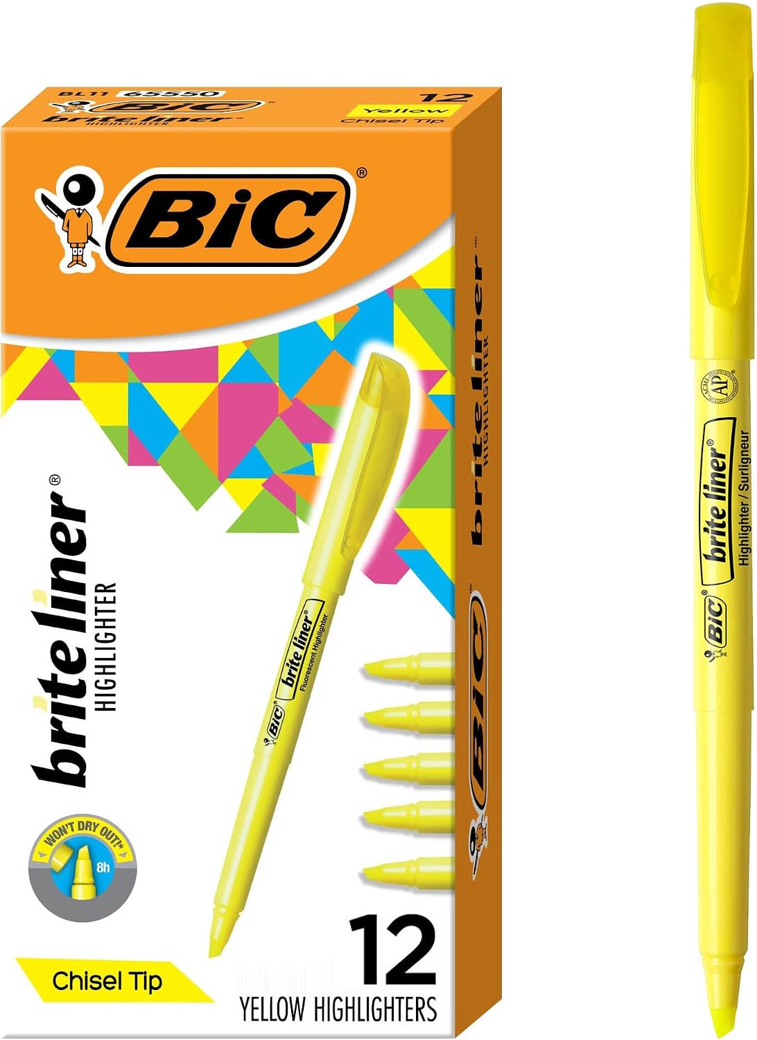 BIC Brite Liner Highlighters front view featuring 12-count pack of yellow markers