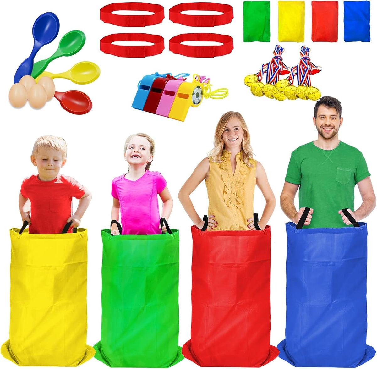Potato Sack Race Bags - 32PCS Outdoor Games Sack Race Bags for Adults and Kids,3 Legged Race Bands,Egg Spoon Relay Race,Bean Bag Toss,Party Games for Kids,Field Day Games for Adults - Image 1