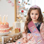 Packaging layout featuring the complete birthday crown and sash accessories
