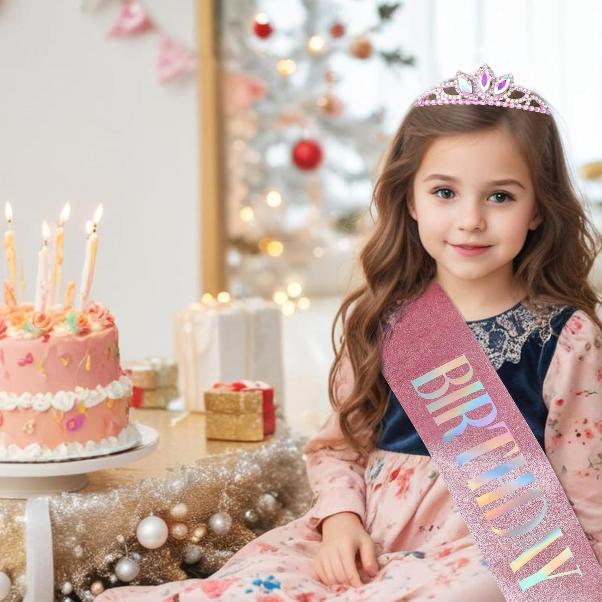 Packaging layout featuring the complete birthday crown and sash accessories