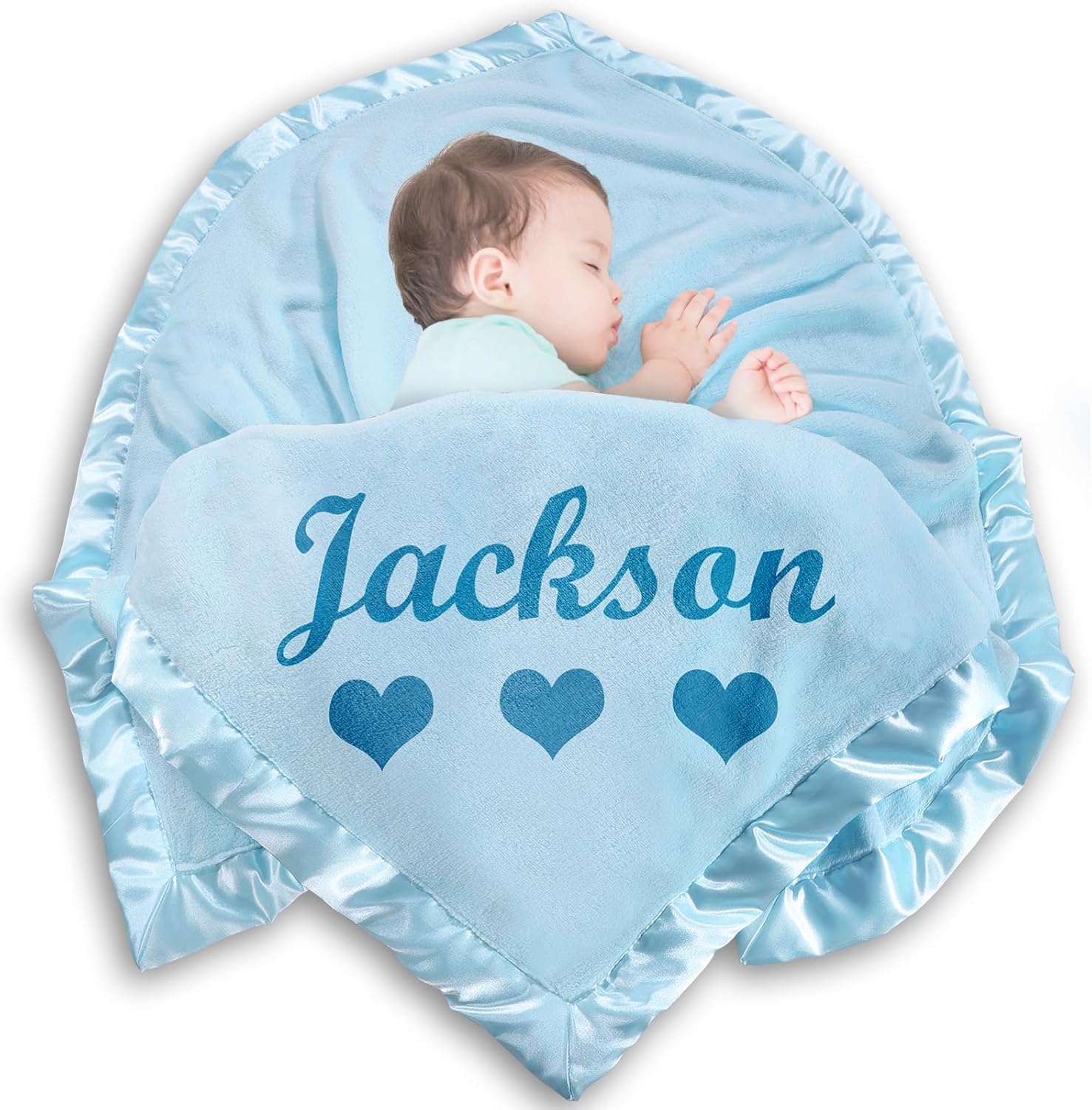 Yofair Personalized Baby Blanket front view in light blue with customized name embroidery.