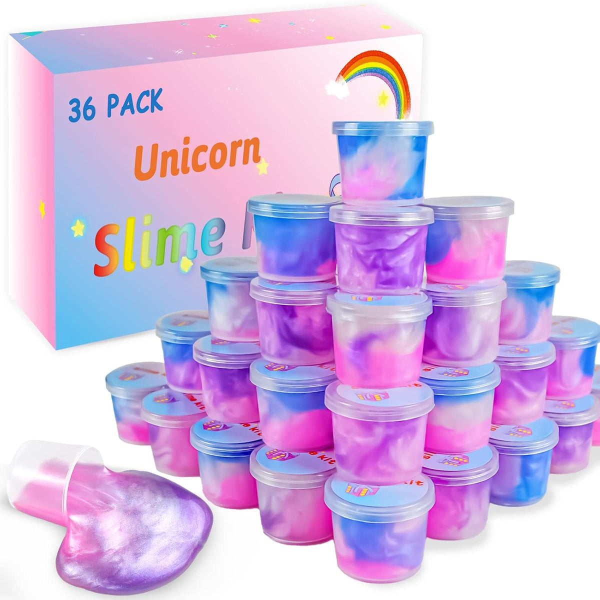 Hoolyuk 36 Packs Unicorn Slime Kit front view showing the complete gift box package containing thirty-six vibrant multi-colored mini jars.