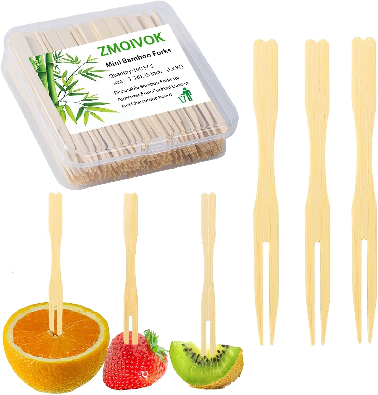 ZMOIVOK bamboo appetizer forks front view showing the transparent protective storage box containing one hundred mini two prong wooden picks.