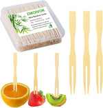 ZMOIVOK bamboo appetizer forks front view showing the transparent protective storage box containing one hundred mini two prong wooden picks.