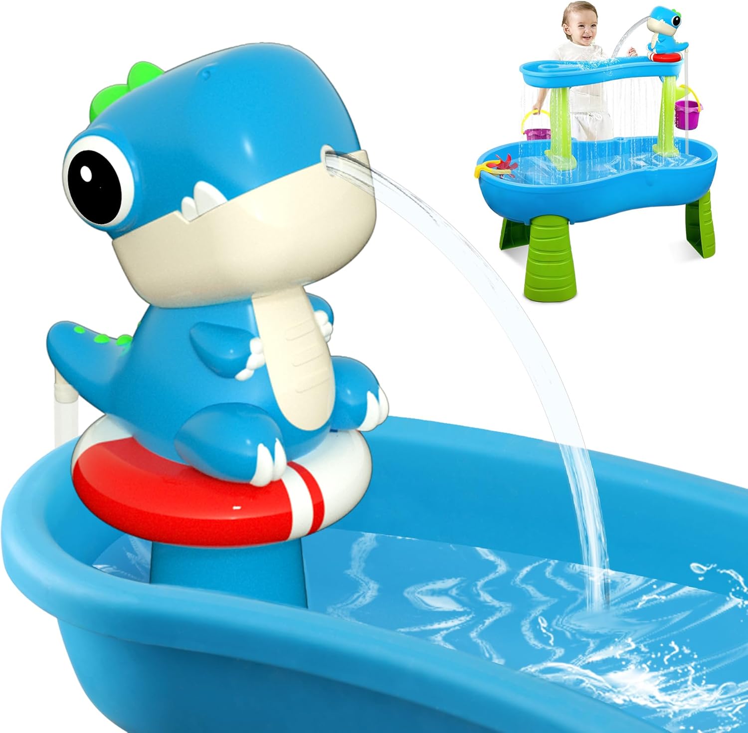 Inzerwudi dinosaur water table pump front view blue continuous flow accessory