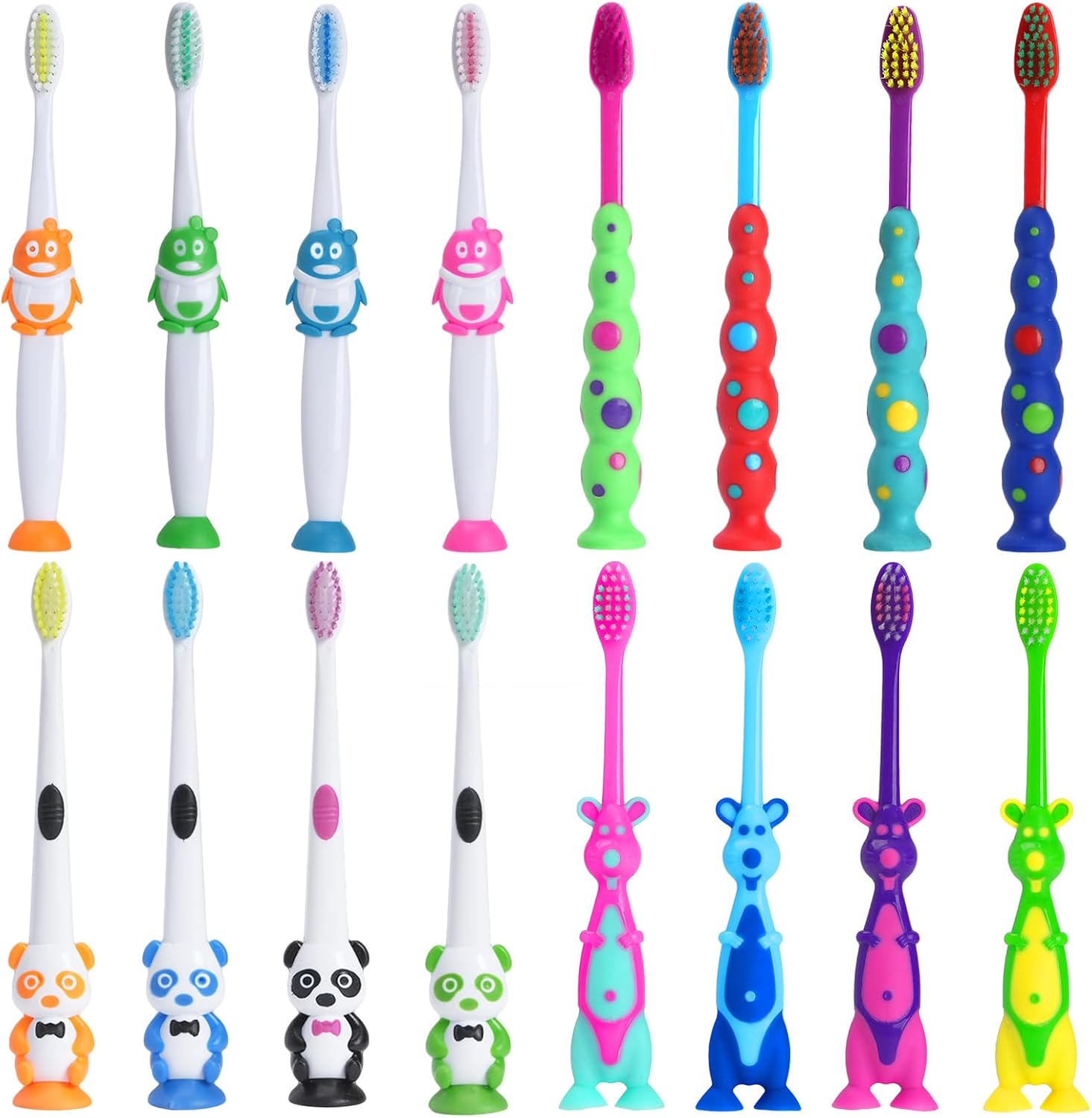 Newday Kids Toothbrush 16 Pack front view showing animal designs and soft bristles.