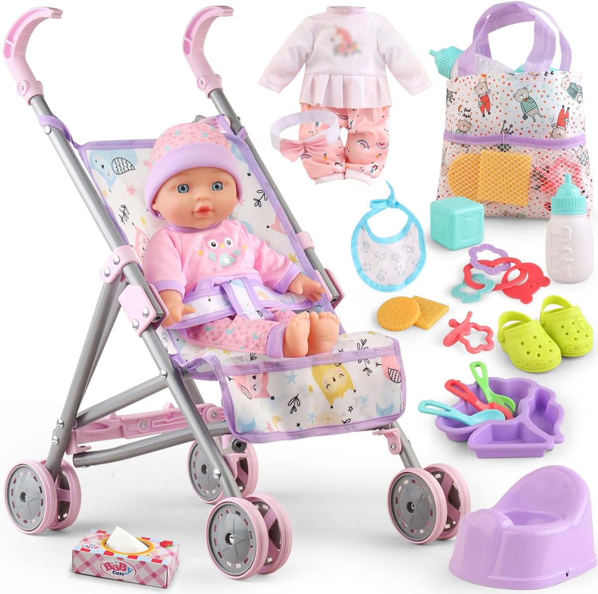Yiybm baby doll stroller set with 12.5 inch doll and pink stroller