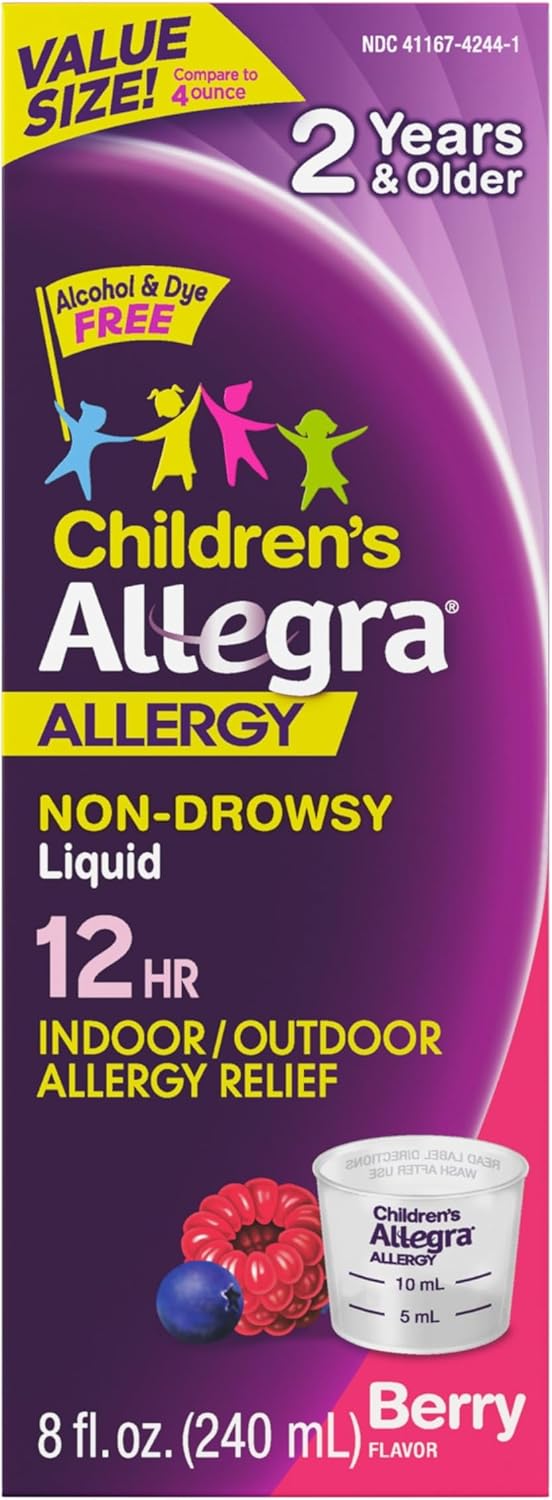 Allegra Children's 12-Hour Allergy Relief Liquid, Non-Drowsy Indoor and Outdoor Allergy Medicine, 30 mg Fexofenadine HCI Antihistamine for Kids, Berry Flavor, 8 oz - Image 1
