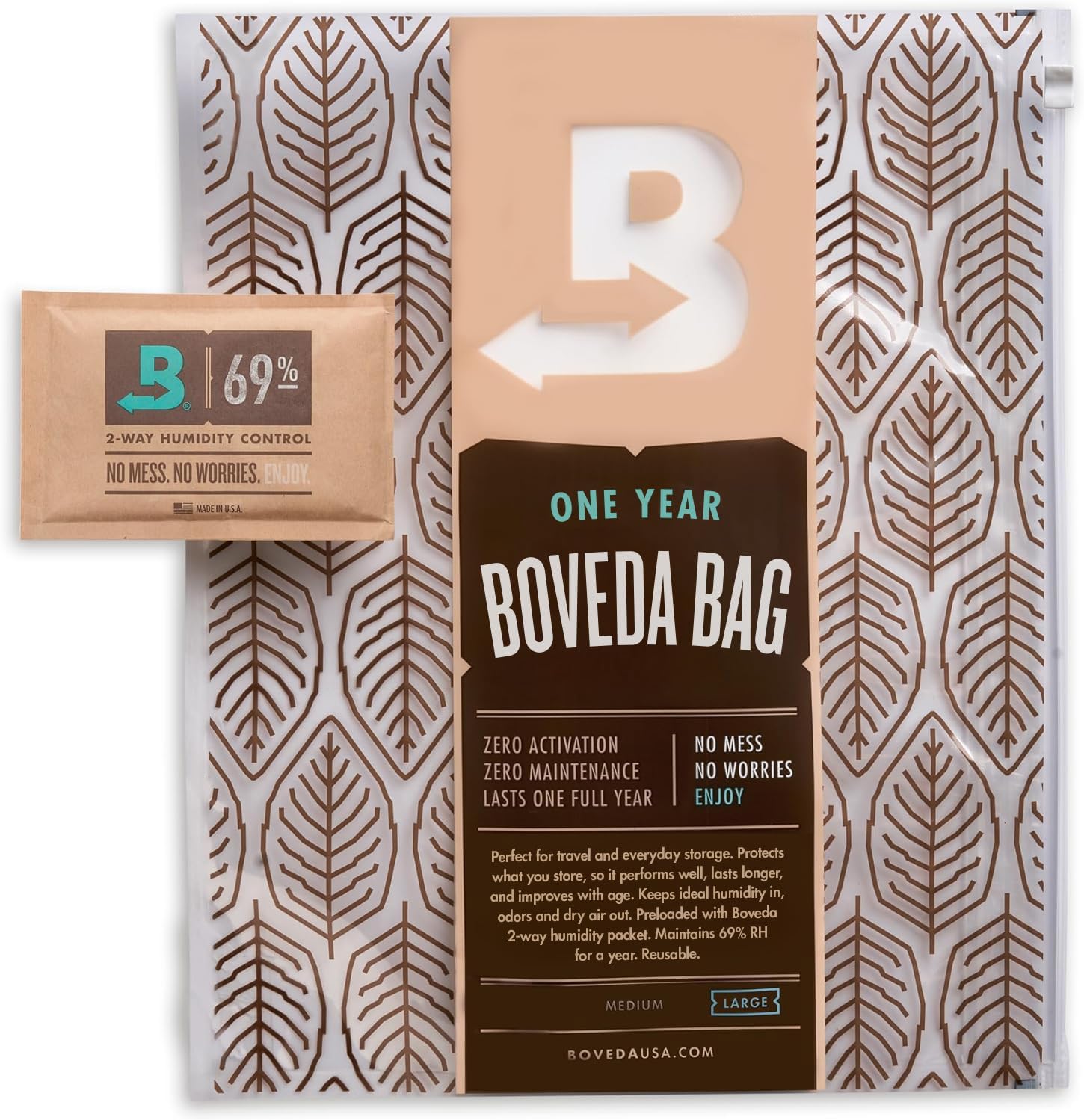 Boveda Large Portable Travel Humidity Bag front view showing resealable seal.