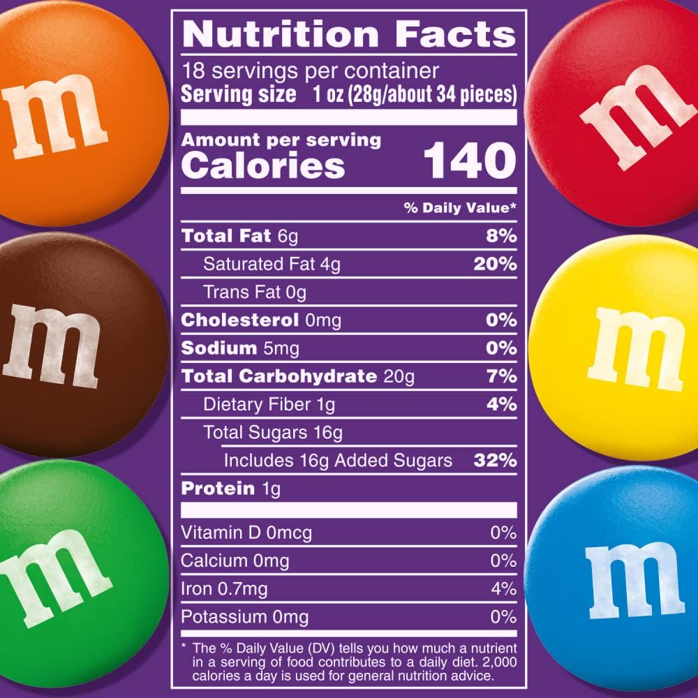 A filled glass candy dish showcasing the rich colors of authentic imported M&M'S Dark Chocolate candies