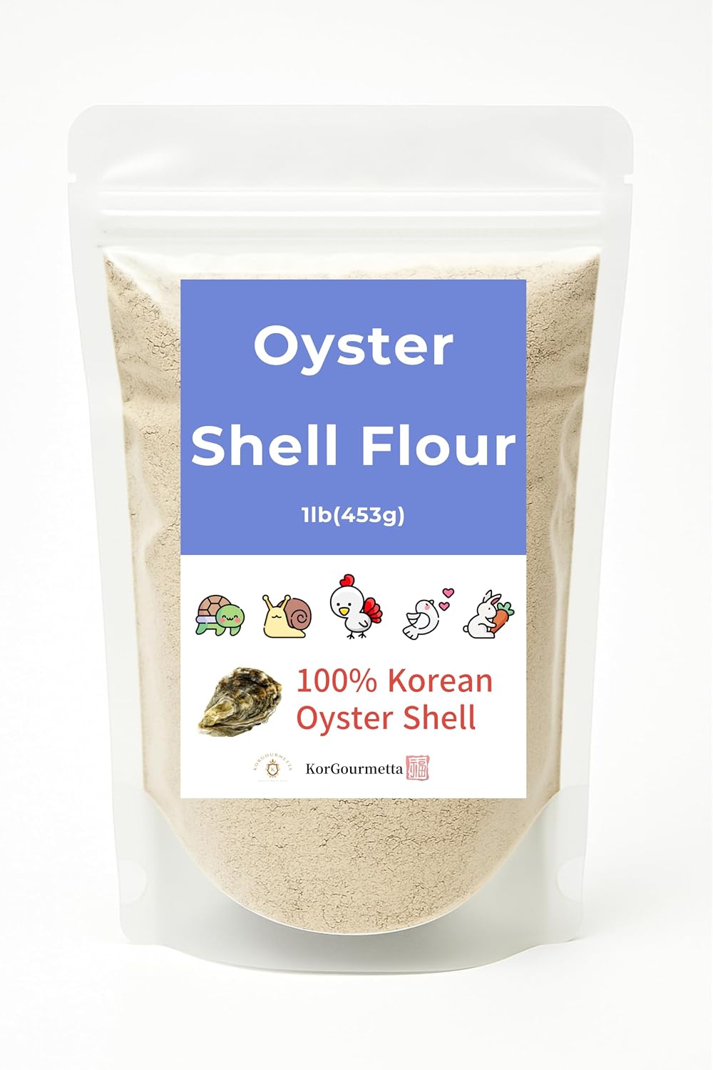 Finely ground calcium powder texture of KorGourmetta oyster shell supplement.