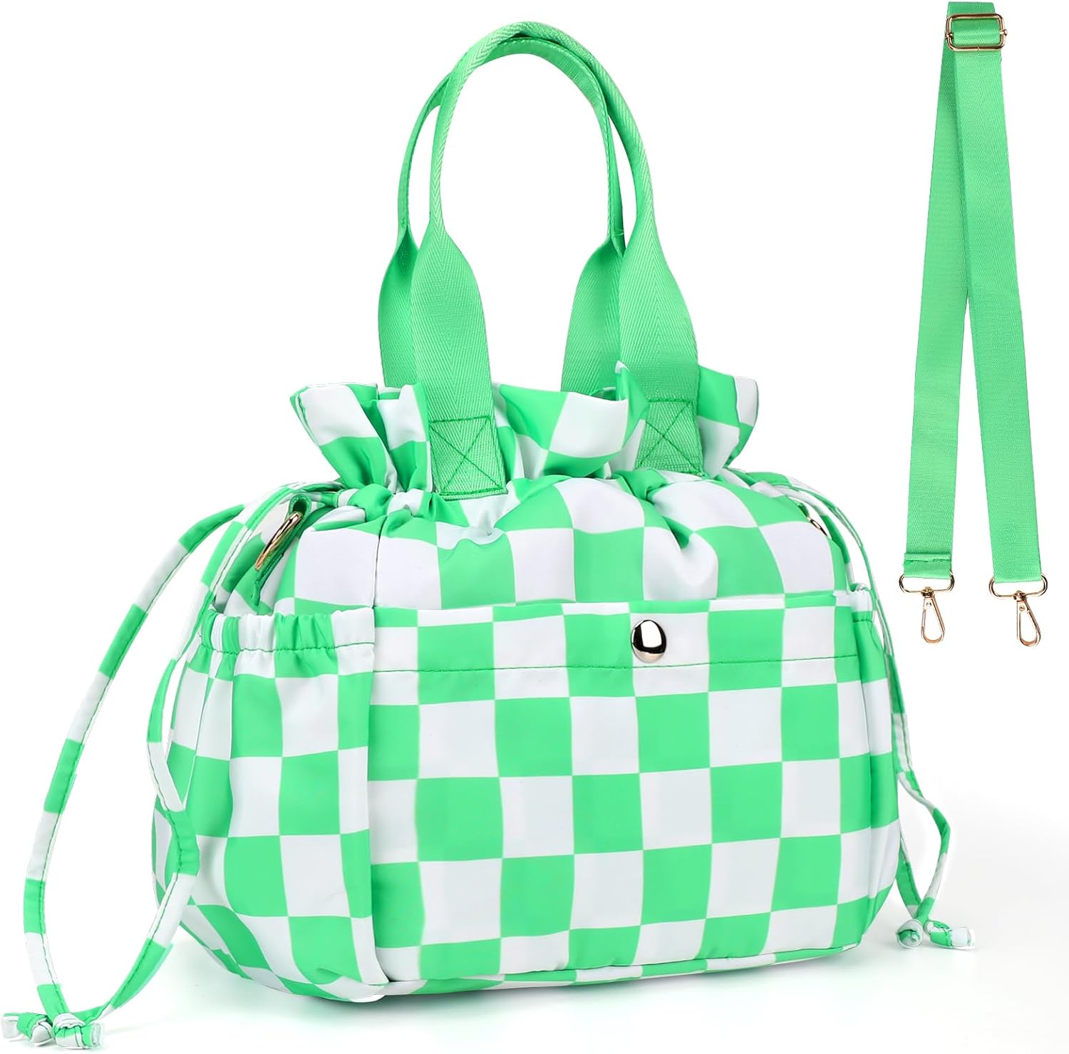 BEFIVECOK Insulated Lunch Bag front view showcasing the green checkerboard pattern and dual handles.