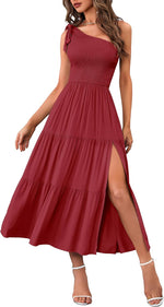 MEROKEETY Womens One Shoulder Smocked Summer Sleeveless Midi Dresses | Side Slit, Tiered, High Waist, Shoulder Tie, Flowy, A Line, Formal, Cocktail Party, Wedding Guest, Beach, Vacation Long Dress - Image 9