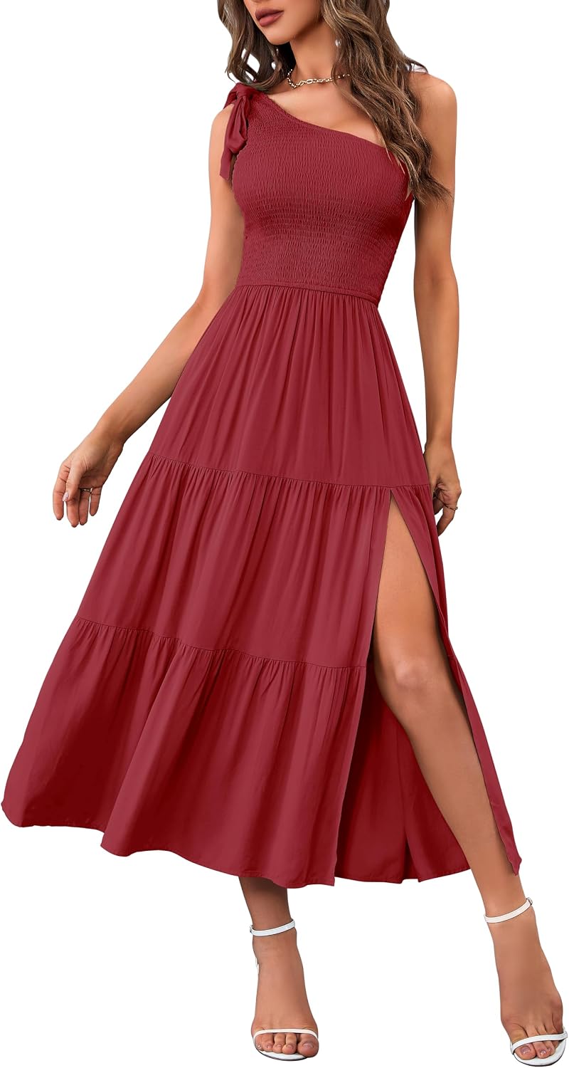 MEROKEETY Womens One Shoulder Smocked Summer Sleeveless Midi Dresses | Side Slit, Tiered, High Waist, Shoulder Tie, Flowy, A Line, Formal, Cocktail Party, Wedding Guest, Beach, Vacation Long Dress - Image 9