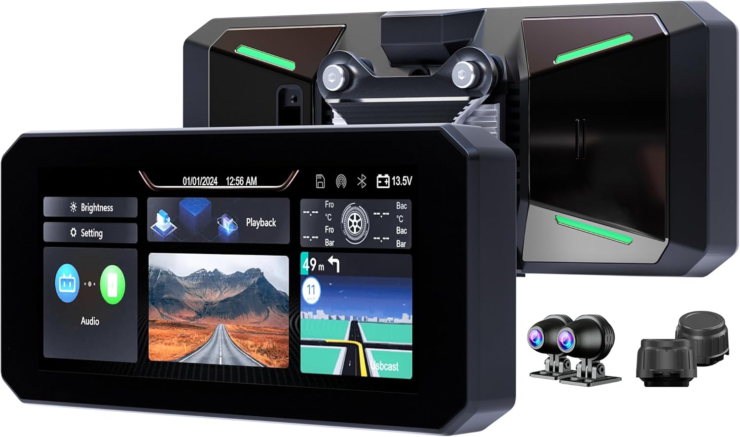 YolanAuto MT7 motorcycle smart navigation system front view displaying apple carplay mapping interface.