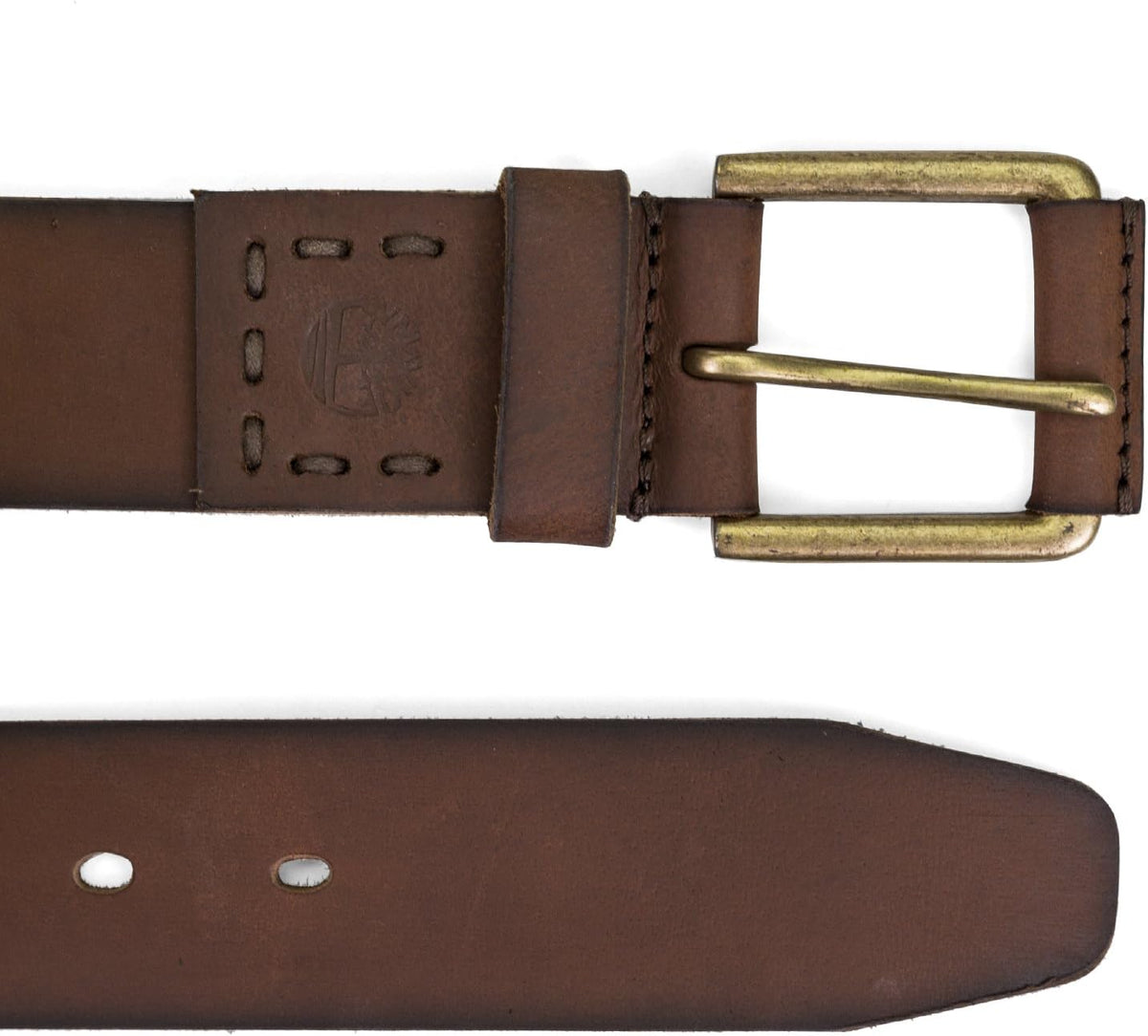 Timberland leather belt brown close up of metal buckle
