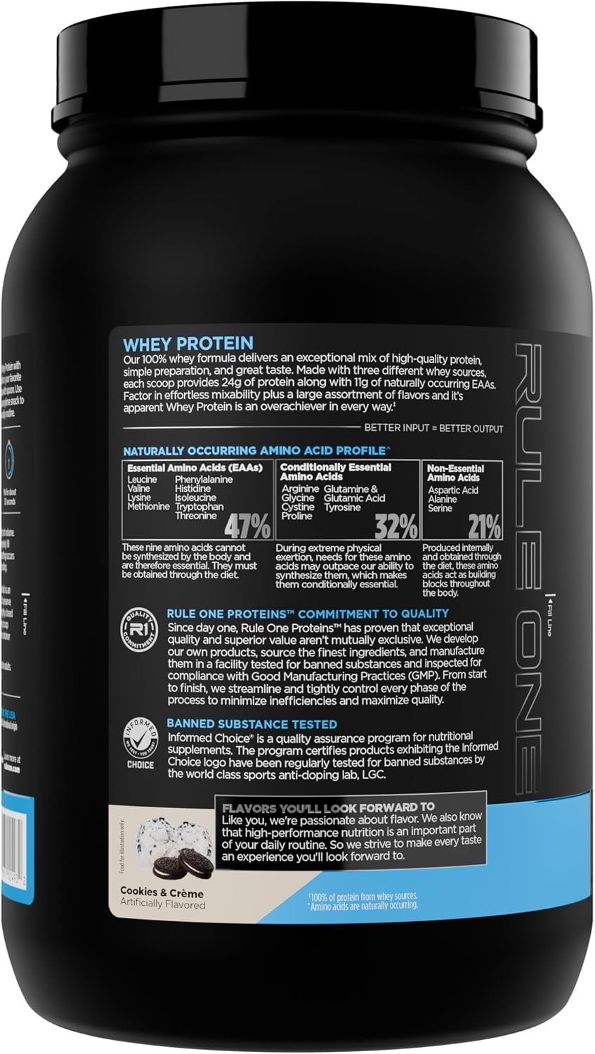 Rule 1 Proteins whey protein powder texture and scoop display