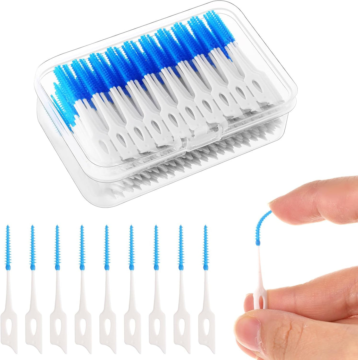 HAORQEE interdental brushes package front view showing blue silicone dental picks in a clear travel case.
