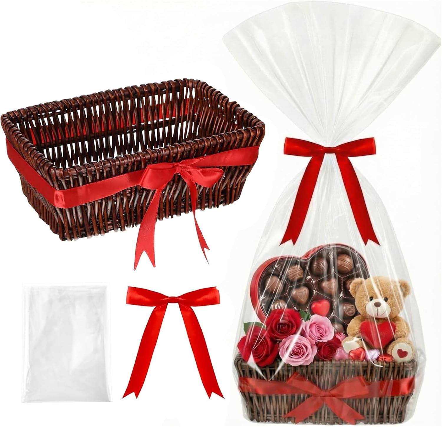 Threehoney wicker gift basket empty dark brown front view shown with included clear wrapping bag and red silk bow ribbon